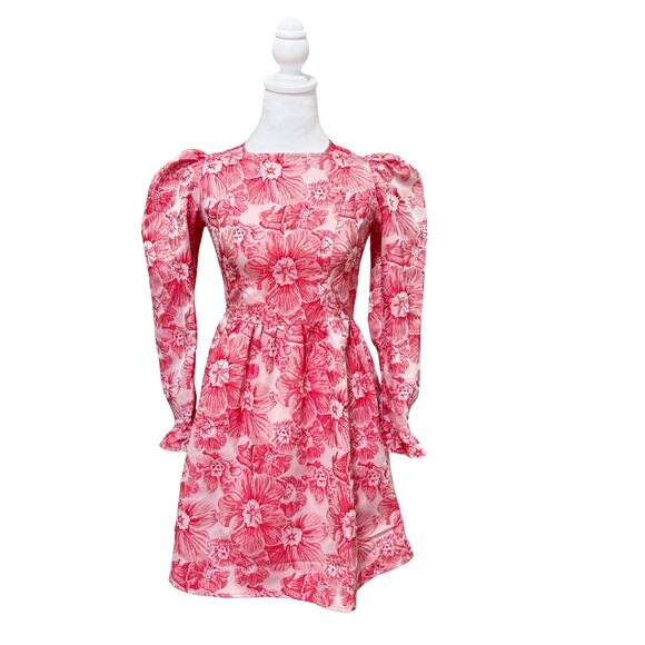 Batsheva Prairie Floral Satin Mini Dress 2 Red NWT - Picture 5 of 12